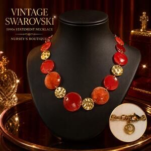Vintage circa 1990s signed Swarovski coral crystal and Lucite statement necklace